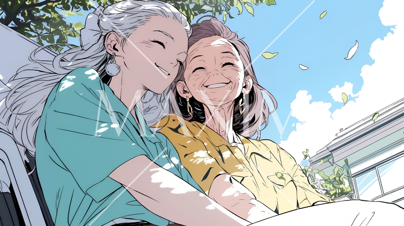 老人福祉施設でゆったりと過ごす老人と仲の良い介護士