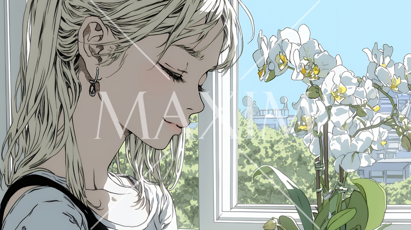 蘭の花と若い女性