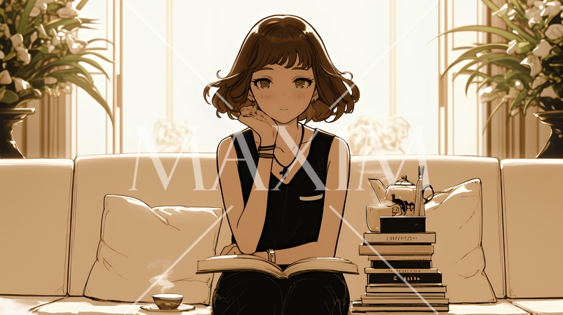 リビングで紅茶を飲んでいる女性（シンプルな色使い）