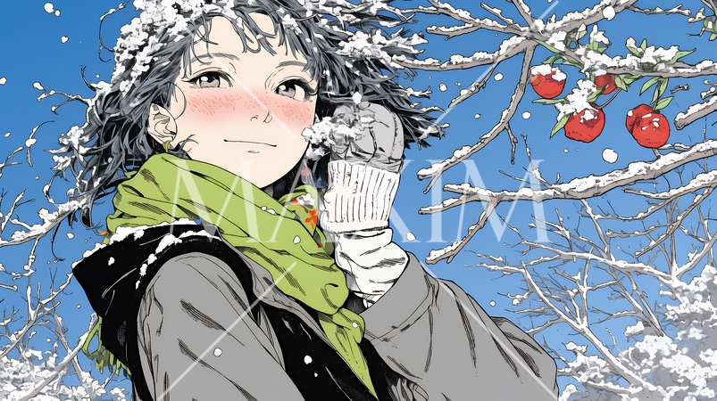 雪の積もる田舎道を歩いている若い女性