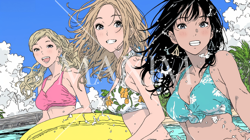 仲の良い友達同士で南国の海岸にビキニ姿でいる若い女性たち