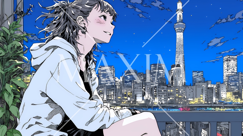 ベランダで夜風に当たりながら都会のランドスケープを眺め休む若い女性