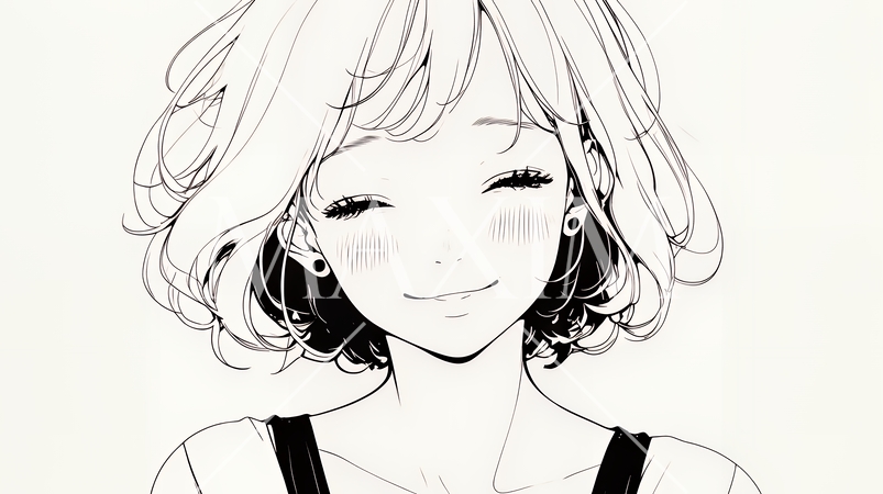 「うふふ」と微笑んでいる若い女性（シンプルな色使い）