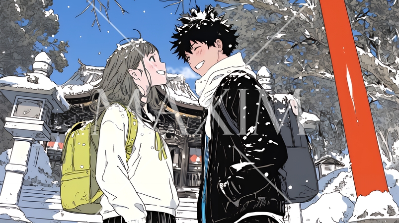 初詣をしている若い恋人カップル