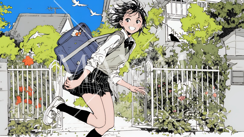 学校に遅れそうで道を急いでいる女子高生