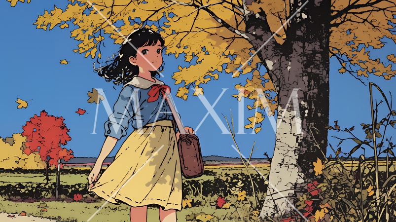 紅葉の小径を歩く少女