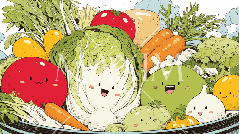 食べ物をかわいらしく擬人化：鍋に集合