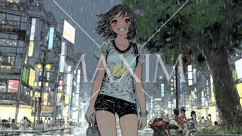 夏の急な雨でびしょ濡れの若い女性