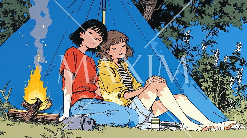 女友達と一緒にテントキャンプを楽しむ若い女性