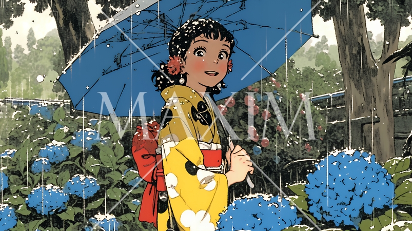 あじさいの小径を和服で歩く若い女性