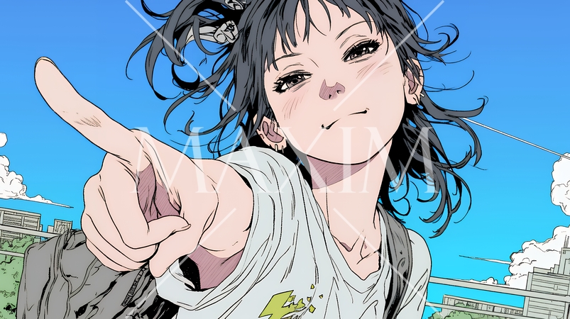 フィンガーガン（指でっぽう）を構えている若い女性