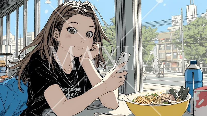 食事の最中もスマホを手放せない若い女性