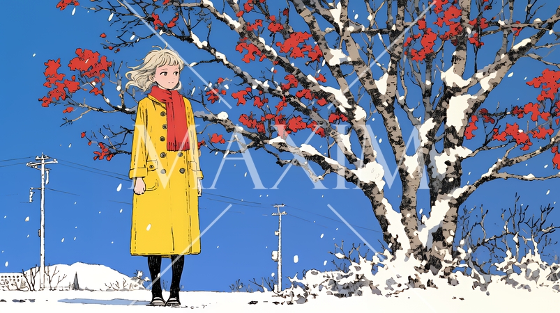 冬枯れの郊外の道を歩く若い女性