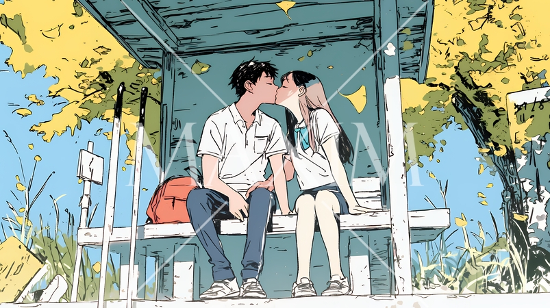 秋の紅葉の下でキスをしている若い恋人たち