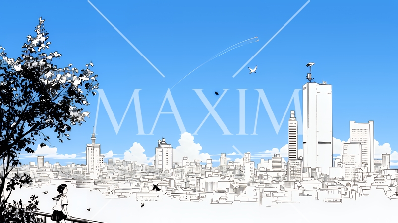 都市の町並みと青空（シンプルな色使い）