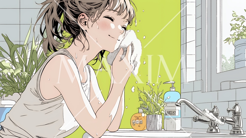 洗面所で朝の洗顔をする女性