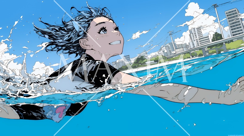 海で泳いでいる若い女性