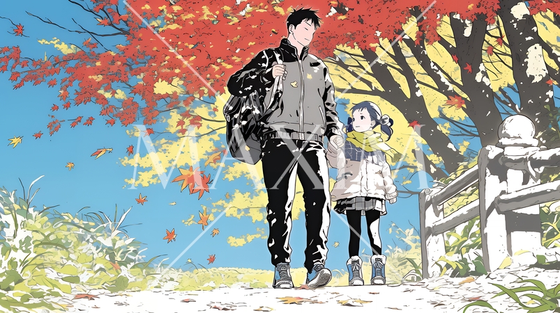 紅葉の小径を仲良く歩く少女と父親