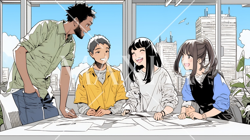 資料を見ながら打ち合わせをする会社員｜オフィスのビジネスミーティングイメージ