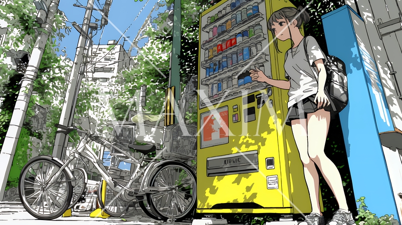 自動販売機で飲み物を購入する若い女性｜日常・ライフスタイル・屋外シーン