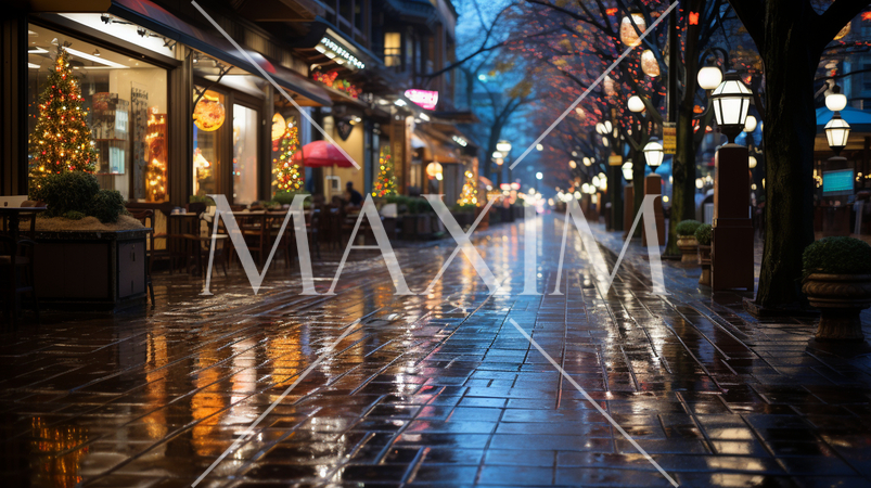 クリスマスシーズンの雨上がりのオフィス街のカフェ