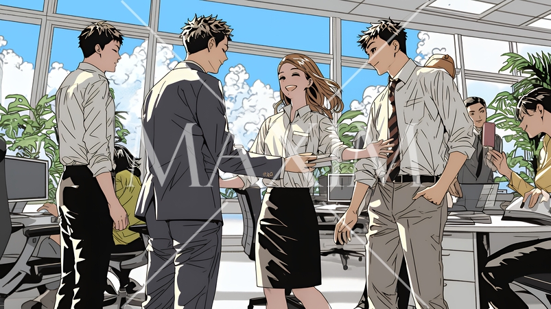 オフィスで立ったまま簡単な打合せをしているビジネスパーソン