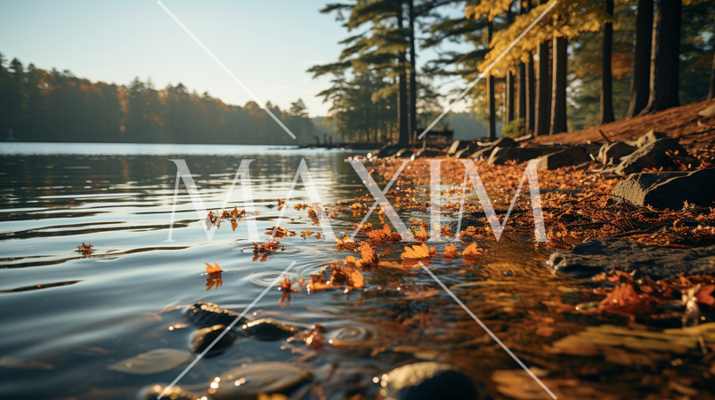 秋の森の湖の湖面から見た景色。水面には木々と空が映っている。水面には落ち葉が見える。：精緻CG