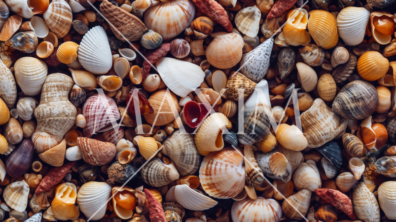 色々な貝殻が並べられた背景画像：精緻CG画像