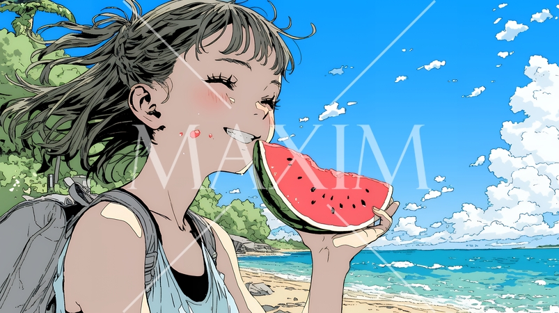 スイカを海辺て食べている若い女性