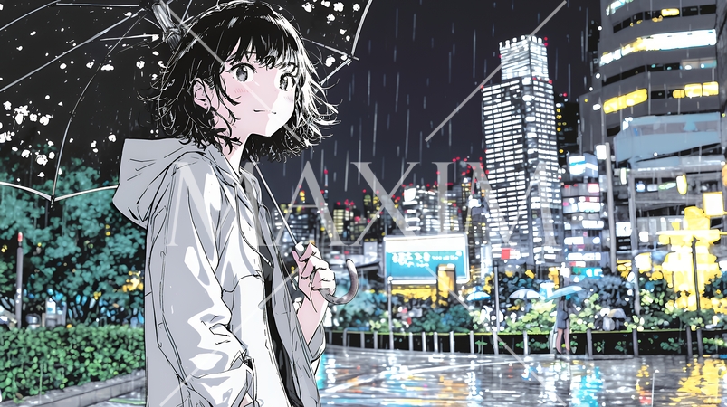 雨の中を歩く女性と都会のランドスケープ