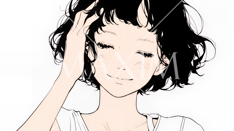 気恥ずかしそうに頭をかき、ごまかすような仕草を見せる若い女性（シンプルな色使い）