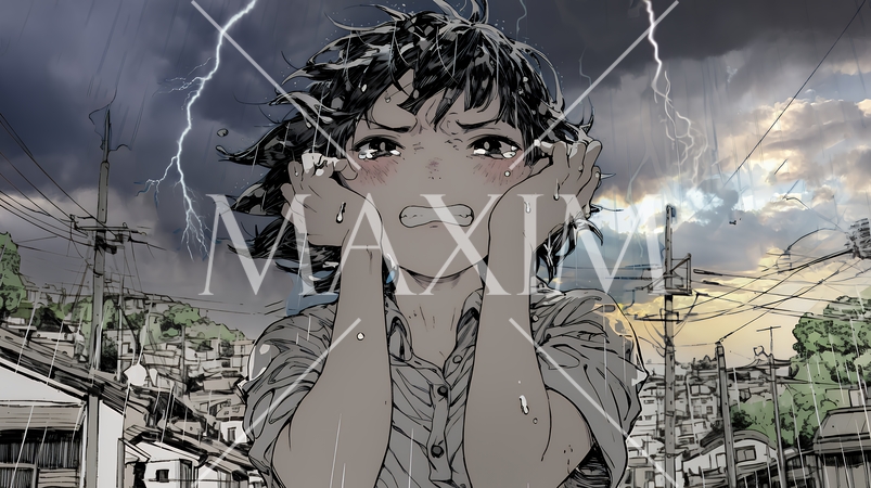 雷にひどく怯えている若い女性。