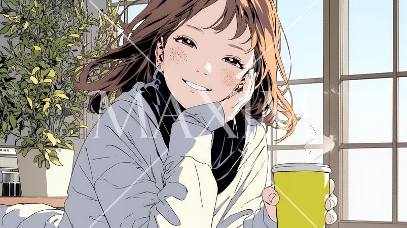 寒い冬、温かい飲み物を手にして、ふっと幸せそうに微笑む若い女性