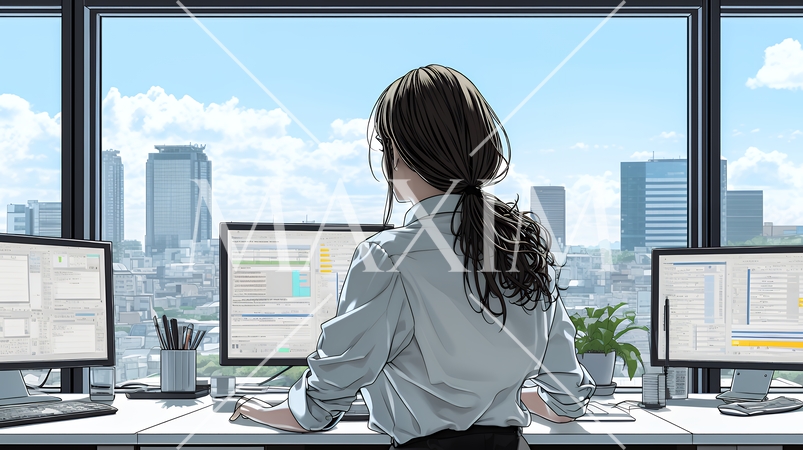 職場のデスクでパソコンに向かって仕事をしているビジネスウーマン