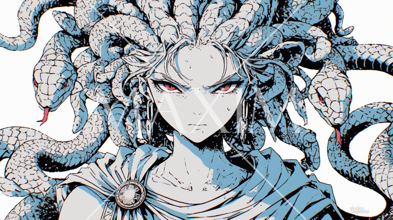 メデューサ：頭部がヘビでできているギリシャ神話に登場する怪物