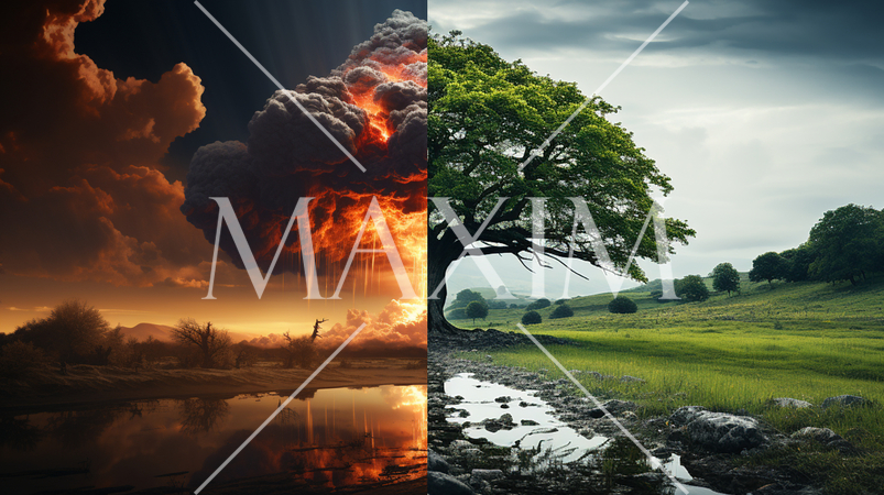 聞いて極楽見て地獄：極楽と地獄、極端な対比。巨大な樹木「バオバブ」と「核爆発のキノコ雲」の対比で。