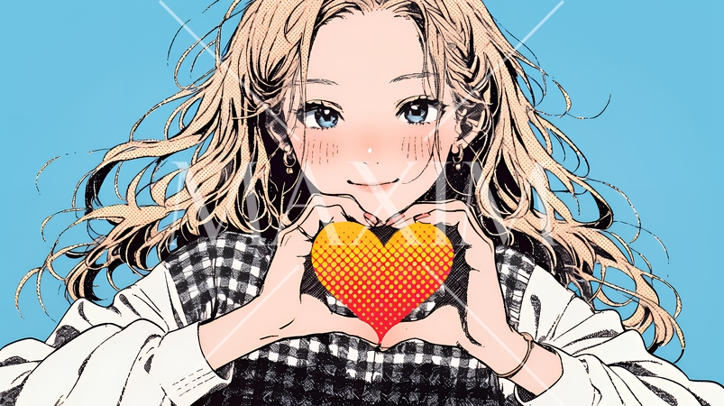 ハートマークを手で作り愛情表現をしている若い女性