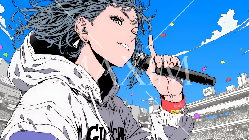 ステージでマイクを握り、情熱的に歌い上げる女性