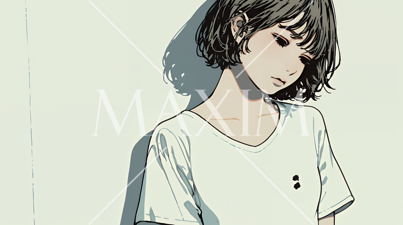 白い壁に向かって考え事をする若い女性