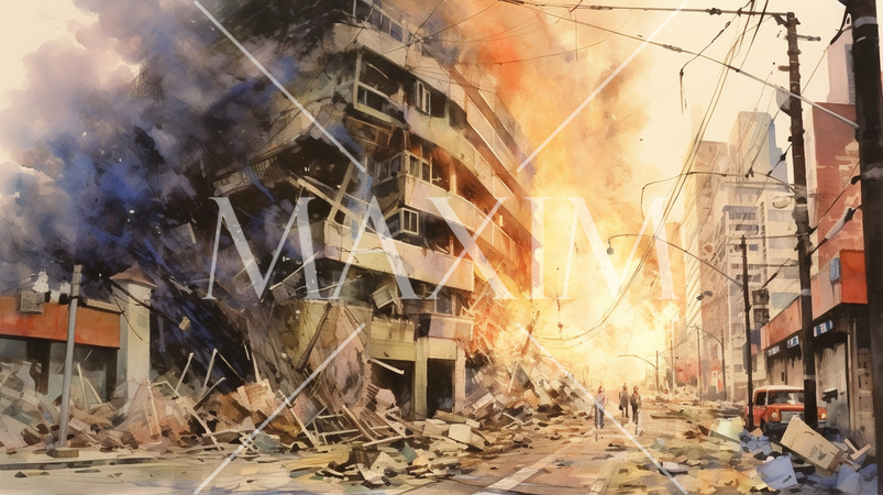 都市を直撃する地震：都市直下型地震の水彩画