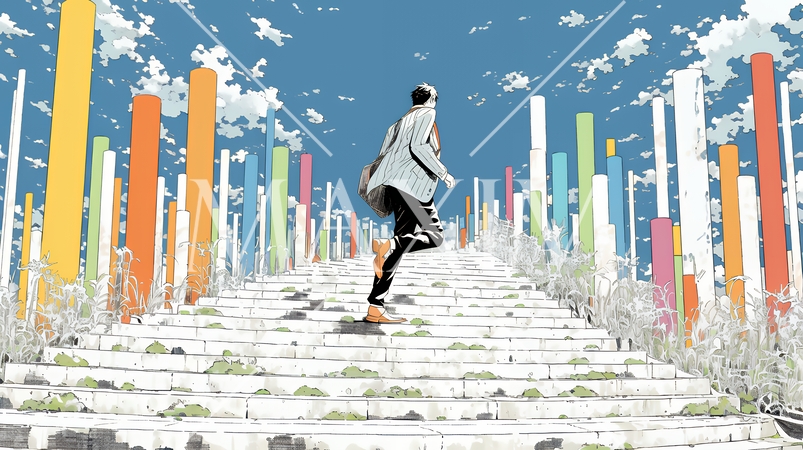棒グラフの都会の町並みを駆け抜けるビジネスパーソン