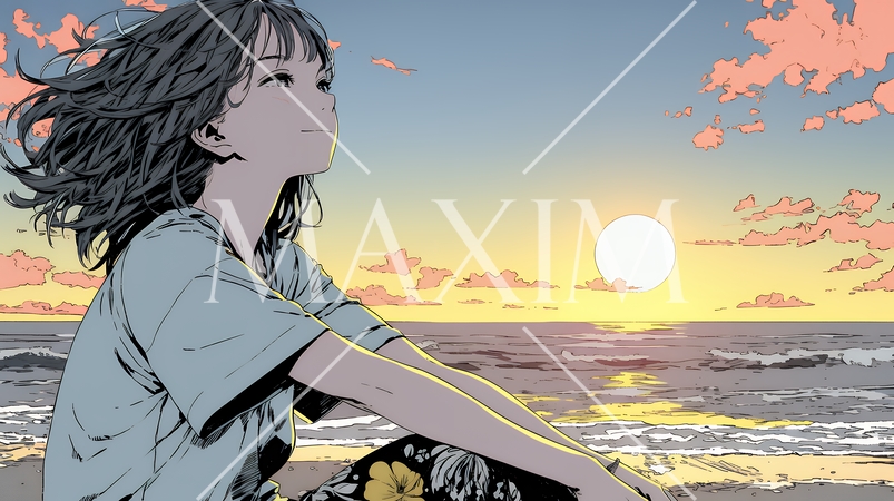 のんびり・ゆったり：夏のビーチで夕日を眺める若い女性