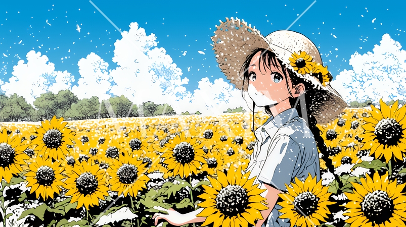 真夏の青空のもと、ヒマワリ畑を散策している若い女性