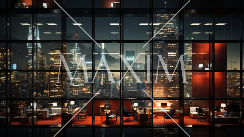 高層ビルの窓に反射しているビル群の夜景