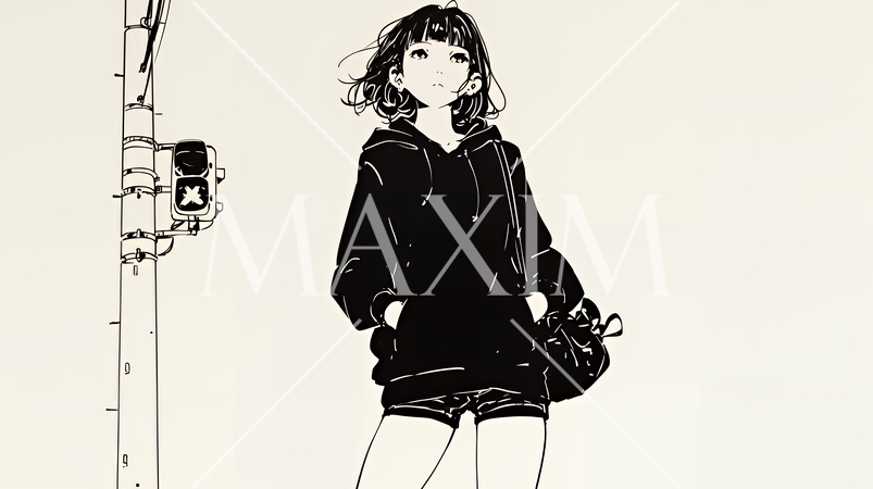 若い女性が佇む都市の街角（シンプルな色使い）