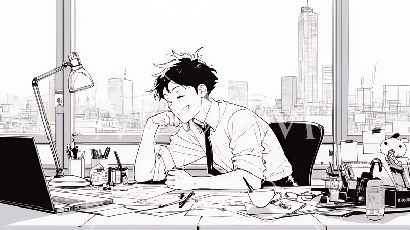 素晴らしいアイデアが浮かんで喜んでいるビジネスパーソン（シンプルな色使い）