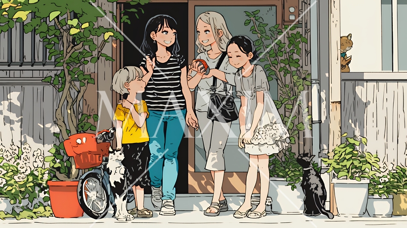 道端で会話を楽しむ若い主婦たち（ママ友たち）