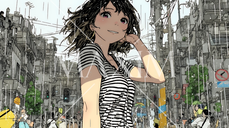 夏の急な雨でびしょ濡れの若い女性