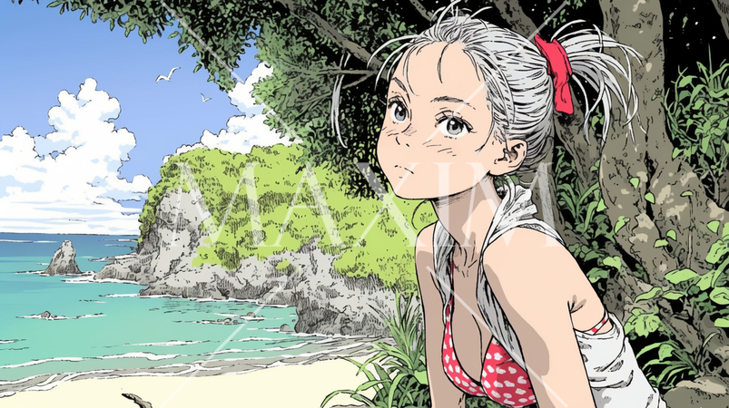 南国の海岸にビキニ姿でいる若い女性