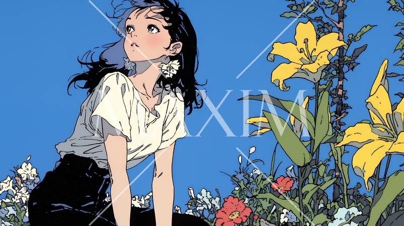 ユリの花と若い女性